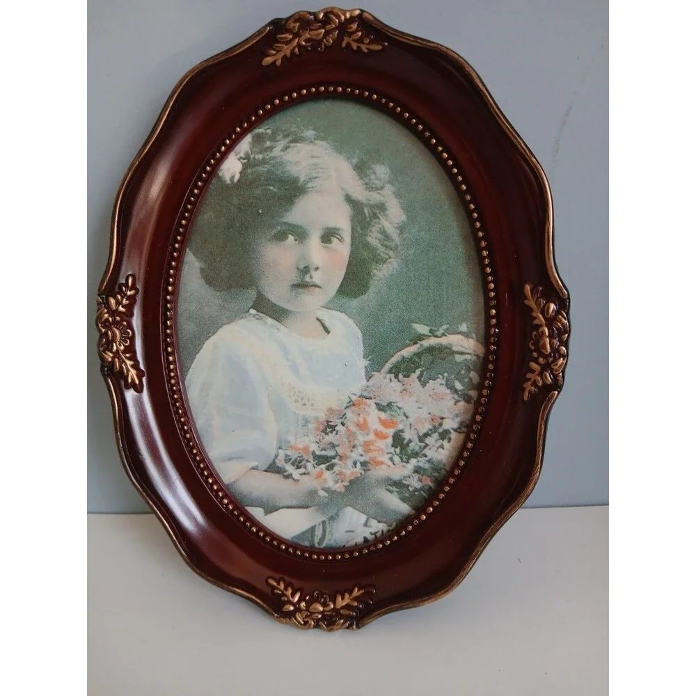 Vtg  Style Oval Burgundy Gold Ornate Picture Frame Victorian Child Portrait